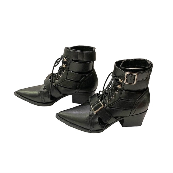 Olivia Ferragamo Booties Black Pointed Toe Lace Up Buckled Straps Size 5.5 - Picture 2 of 8